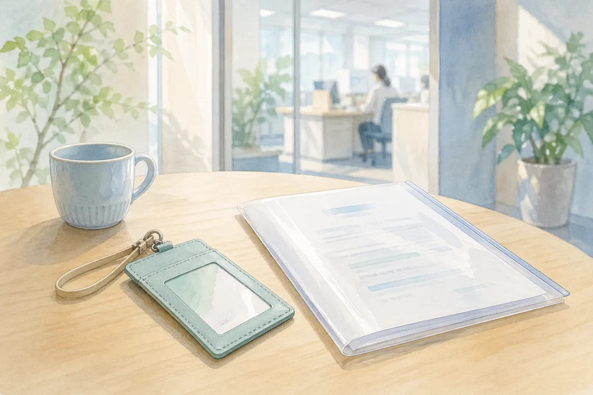 社員証ケースと契約書類が置かれた卓上の奥に職場が見える、交通費条件を確かめる場面