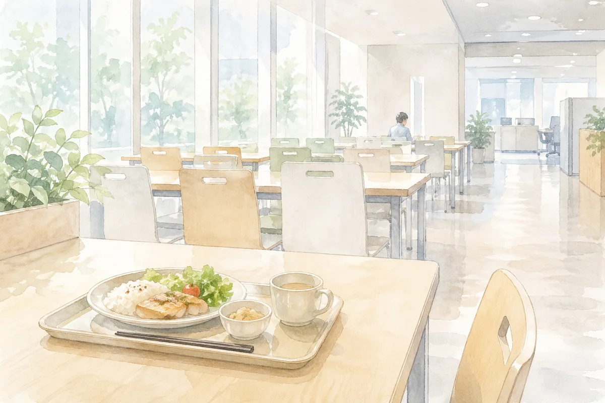 手前の定食トレーと奥へ広がる社員食堂が、利用可否の職場差を感じさせる淡い風景