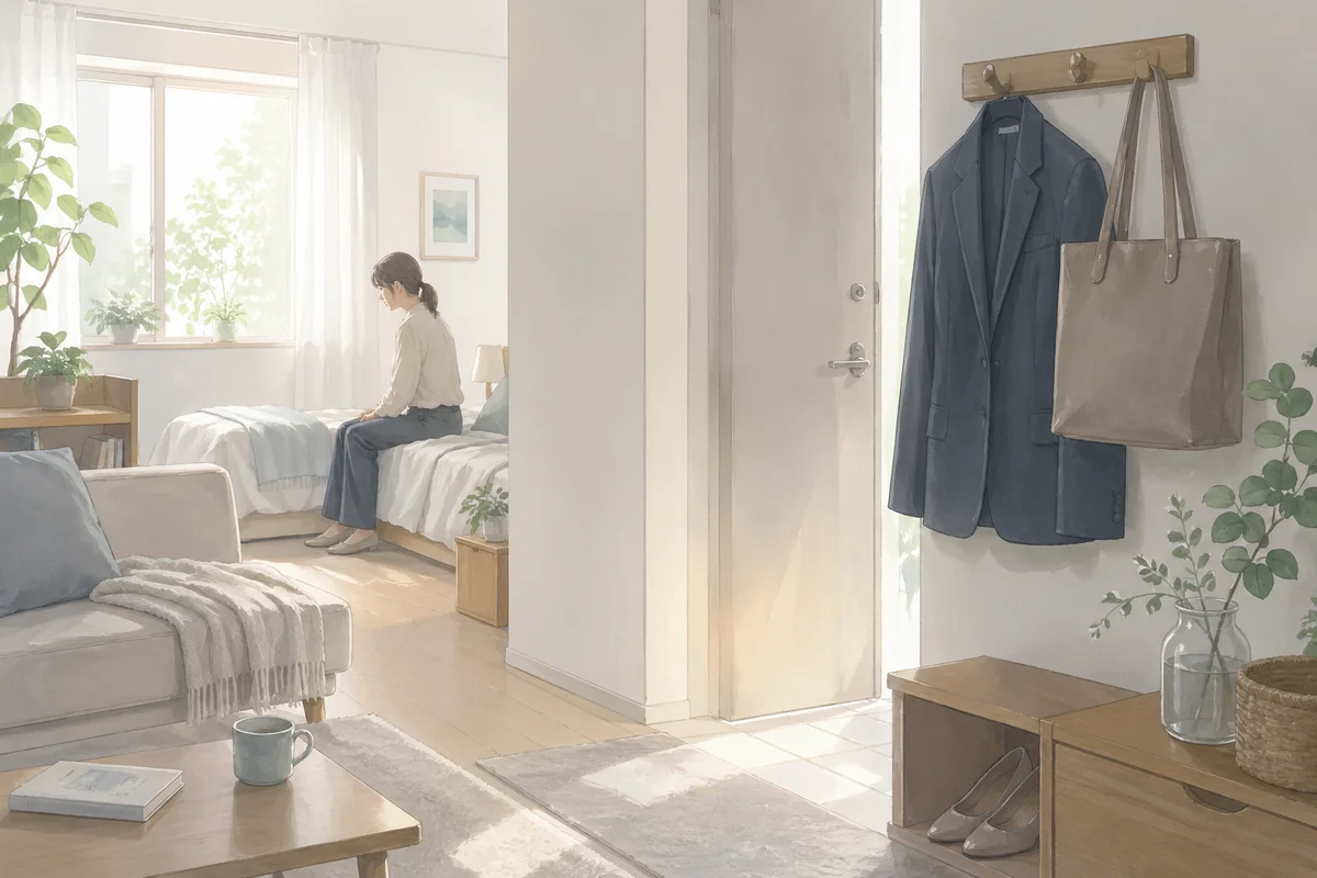 朝の玄関へ続く部屋で、仕事用の上着とバッグが静かに待つ様子