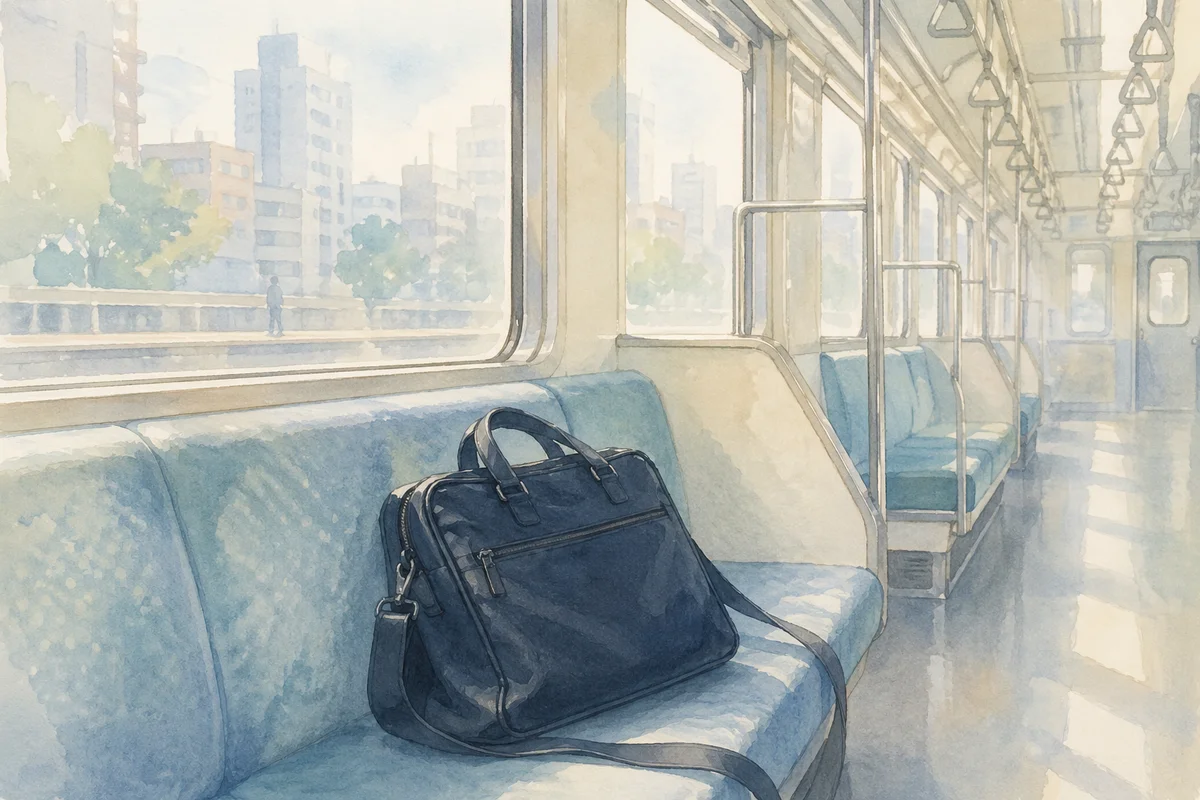 通勤電車の座席に置かれた仕事用バッグと奥へ続く車内が、毎日のつらさと迷いを静かに映す