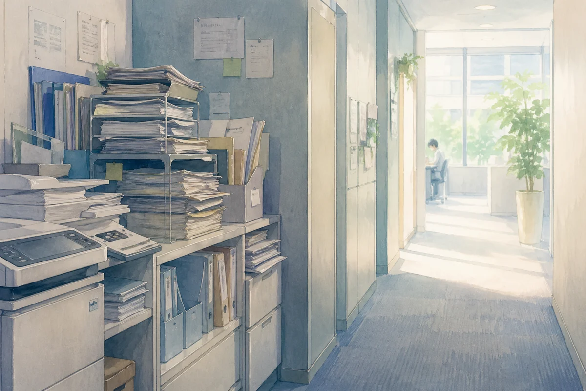 書類が積み重なる職場の一角から、奥の明るい窓辺へ続く通路に限界前の静けさが漂う