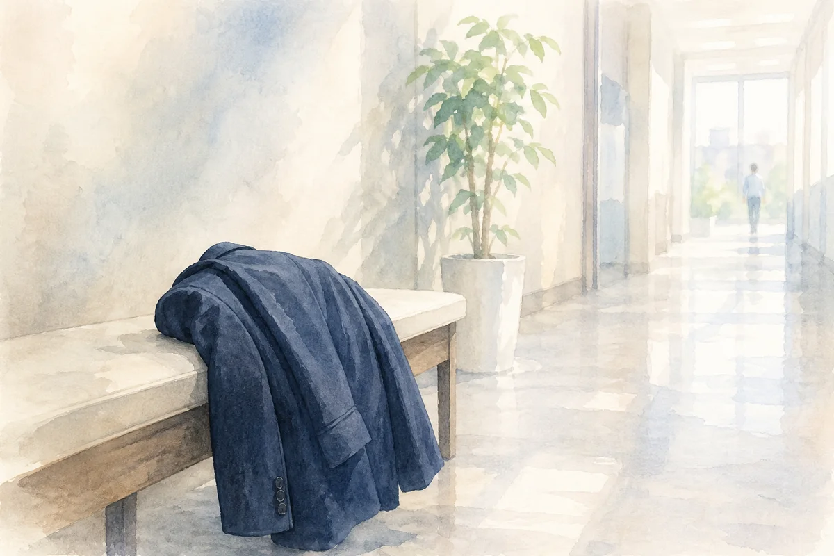 廊下のベンチに置かれた脱いだ上着と奥へ抜ける光が、仕事のきつさと立ち止まる境目を映す