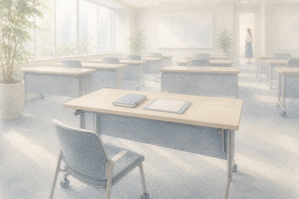 研修室の前席に置かれたノートと、奥の出入口近くに一人立つ社員を描く静かな風景