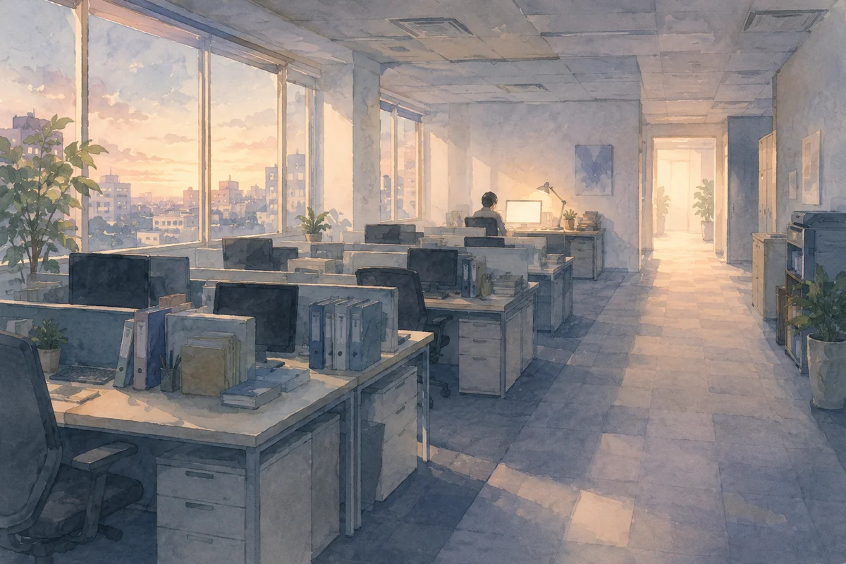 夕暮れのオフィス奥で一人だけ働く席が灯り、長い残業の重さがにじむ静かな空間が広がる