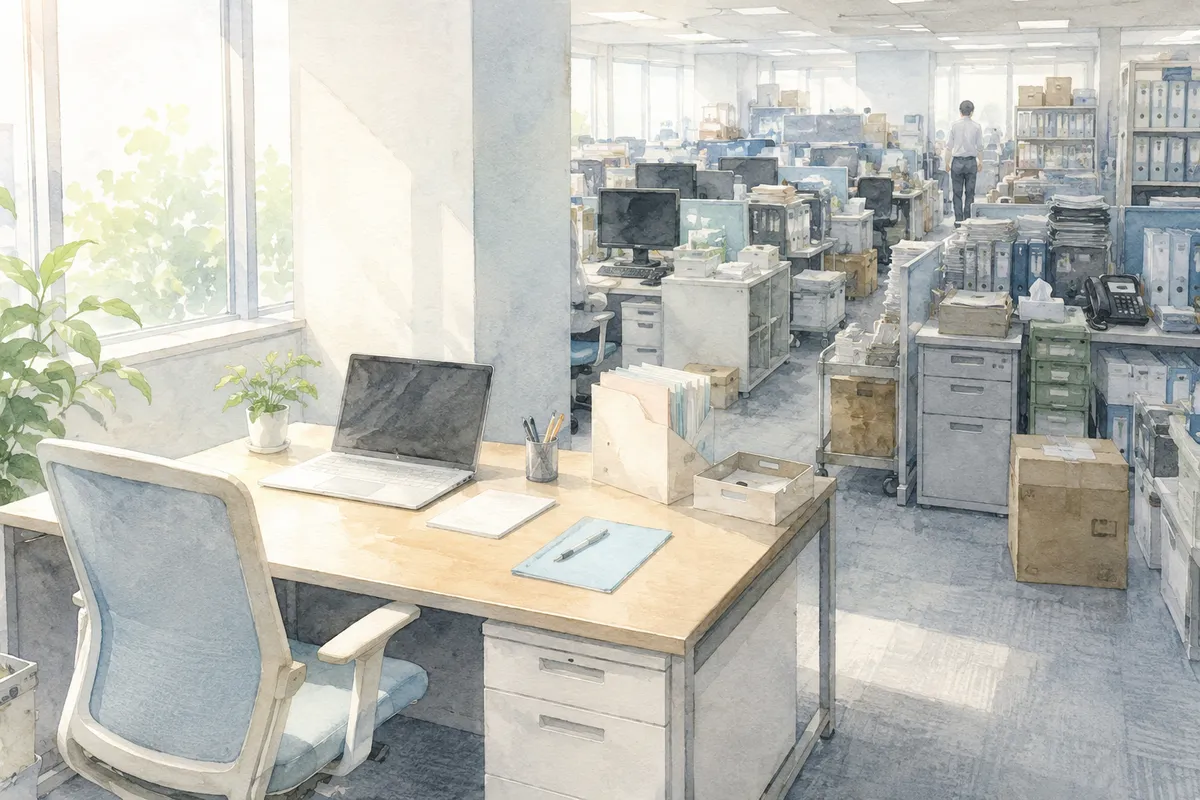 整った手前の机の先に雑然とした職場が広がり、想定とのずれを感じさせる奥行きあるオフィス風景