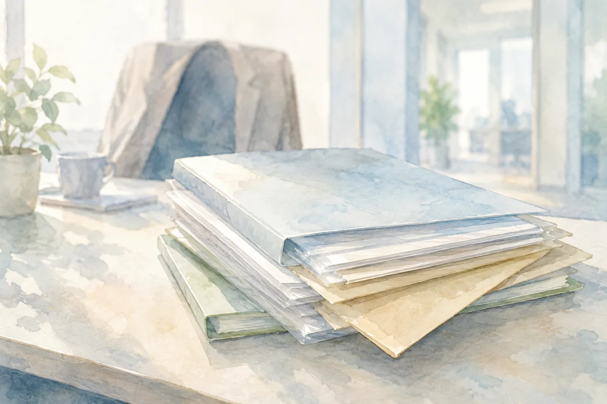 机上に少しずれて重なる書類の束と、奥にぼやける席が続く静かな職場風景