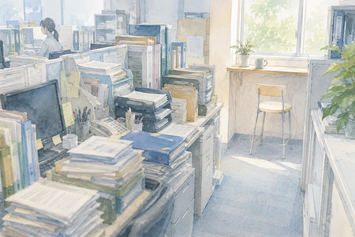 書類に囲まれた窓辺の休憩椅子が、休む余白の少ない職場の奥行きを静かに示す