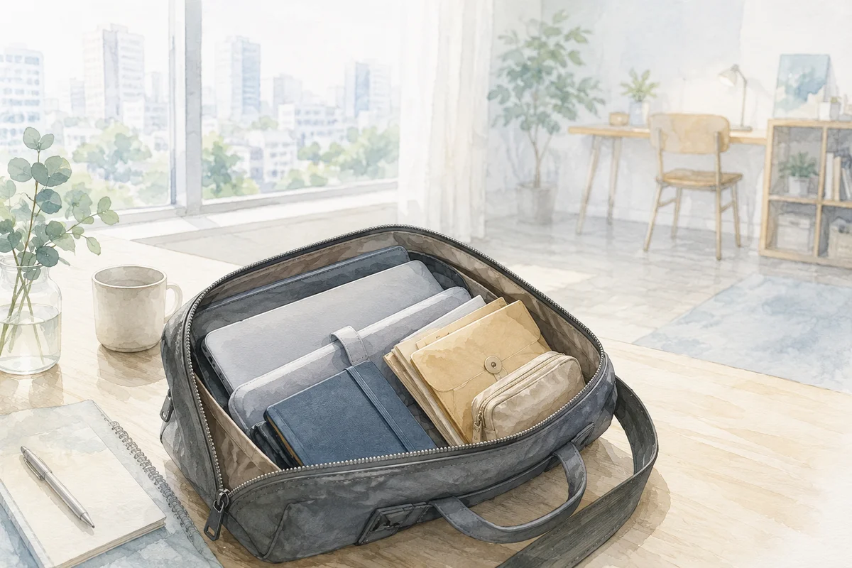 机上で開かれた仕事鞄に端末や書類が収まり、窓辺の個室作業席へ視線が抜ける風景