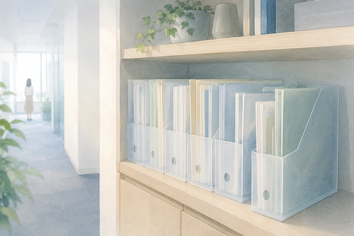 静かな廊下の棚に並ぶ半透明の書類ケースと奥にたたずむ人影