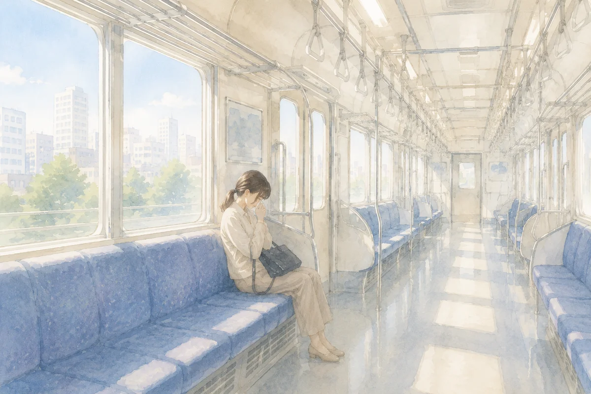 朝の通勤電車の座席で顔を押さえる女性と、奥へ長く続く車内の静かな距離感が印象的な場面