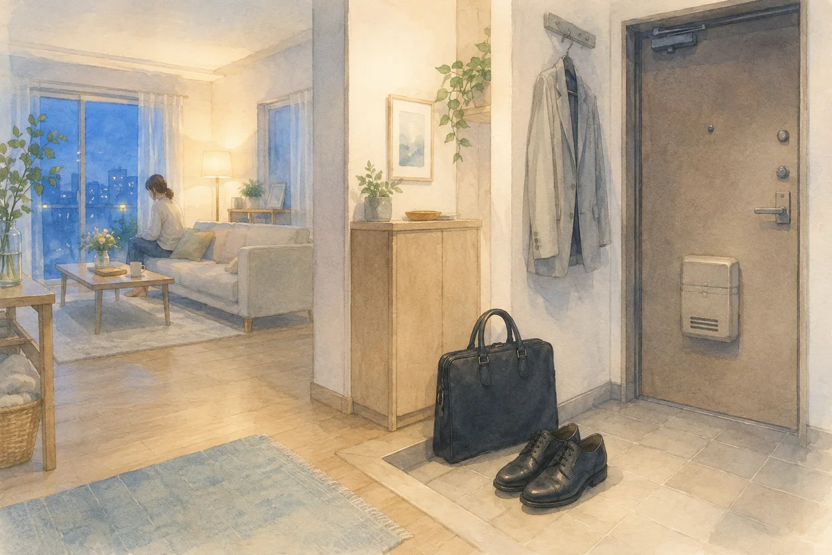 玄関の仕事バッグと革靴の先に、窓辺で座る女性が見える日曜夜の静かな部屋の奥行き