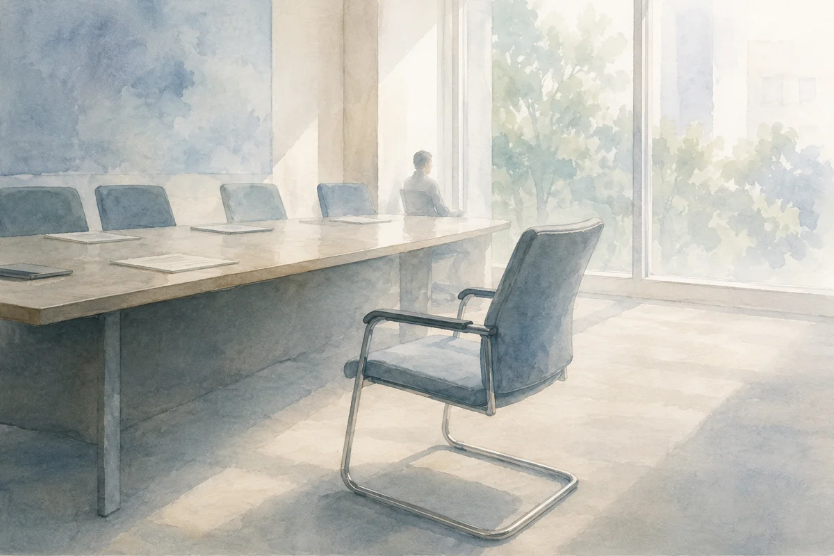 会議室の机から少し離れた椅子が、参加への迷いと距離感を静かに示す淡いイラスト