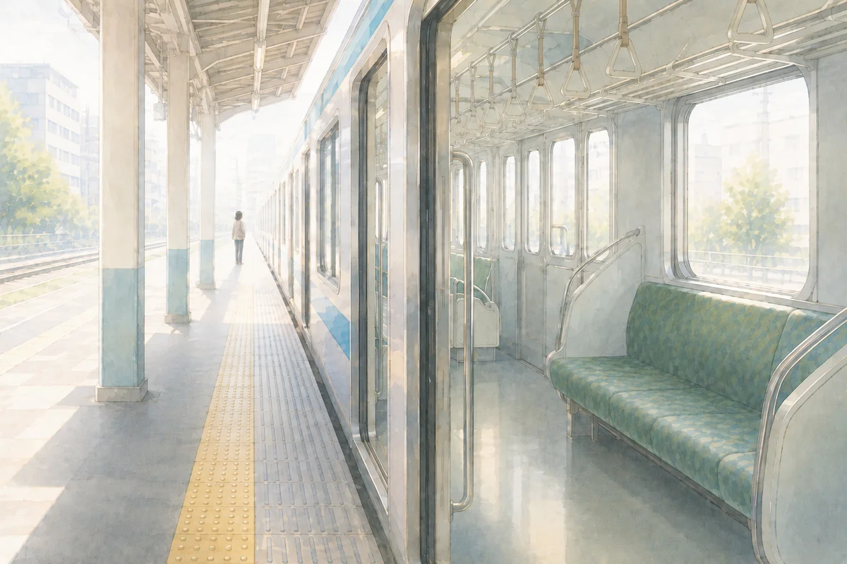 静かな駅のホームと電車内が奥へ続き、通勤の重さと迷いがにじむ風景