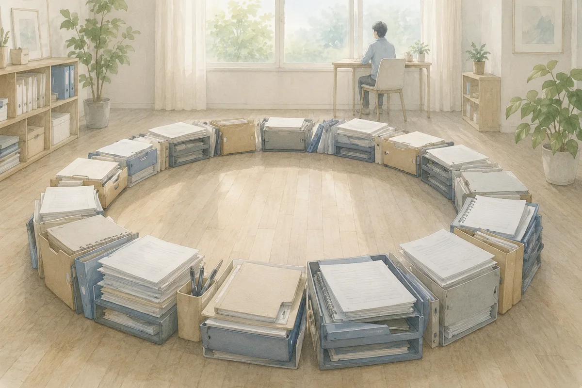 書類の輪が床に大きく広がり、窓辺で座る小さな人物を囲む、生きがいを探すような静かな仕事部屋