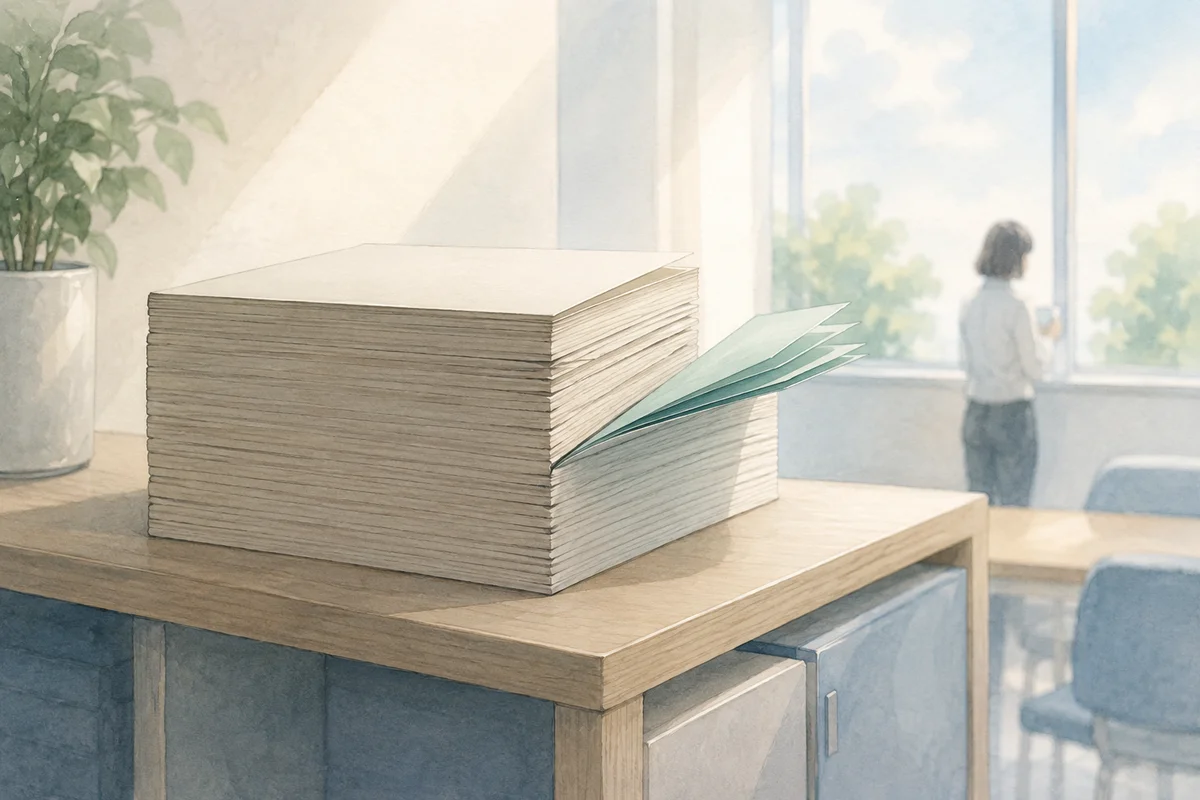 厚い用紙の束から薄く分かれた休みの余白と、窓辺の明るさを見つめる小さな人影