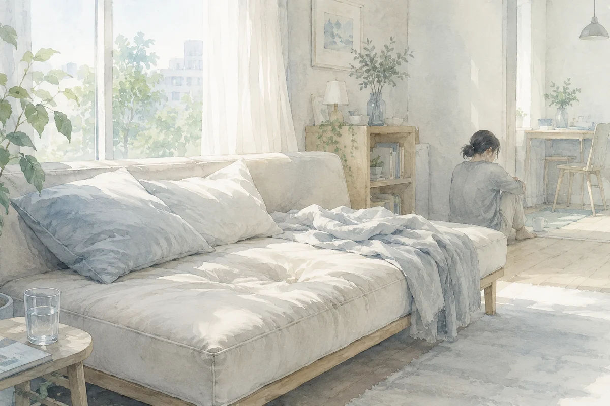 日差しの入る部屋で大きなソファ越しにうずくまる人が見え、休んでも抜けない疲れを感じる水彩調の空間