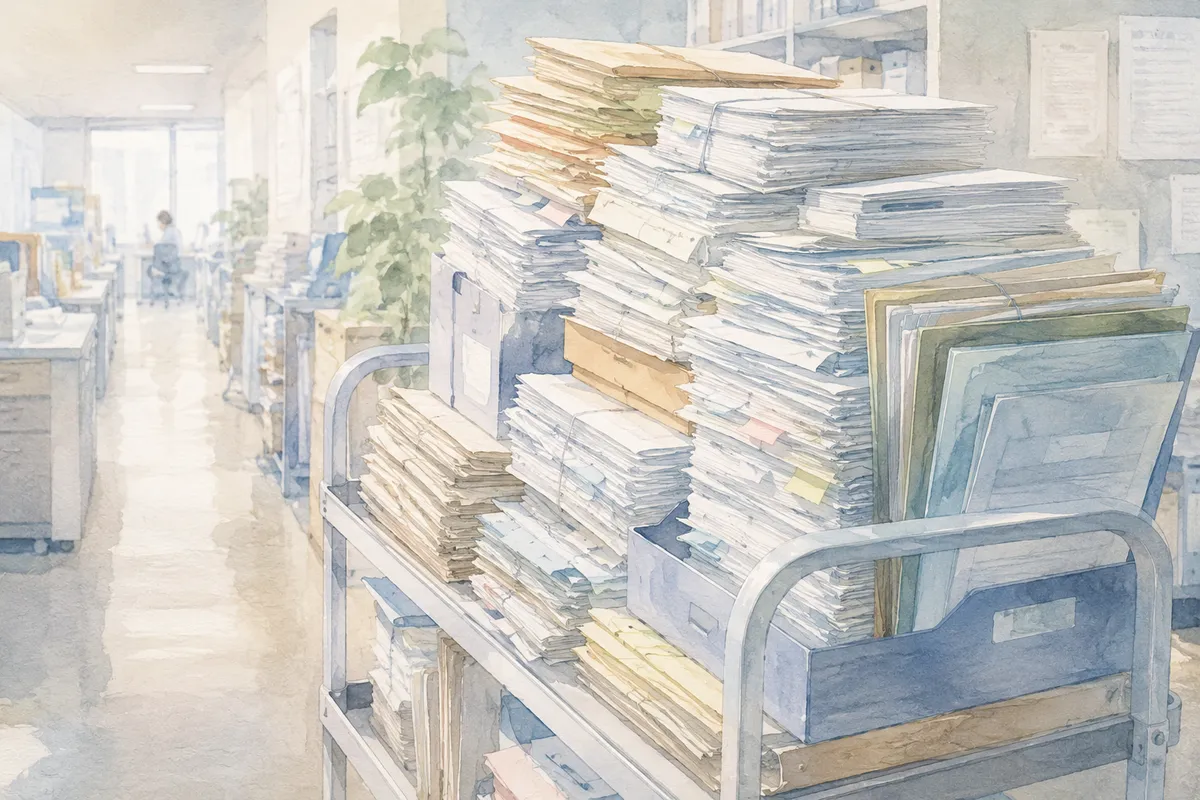 書類が山積みのワゴン越しに繁忙期の圧迫感がにじむ奥行きあるオフィス風景