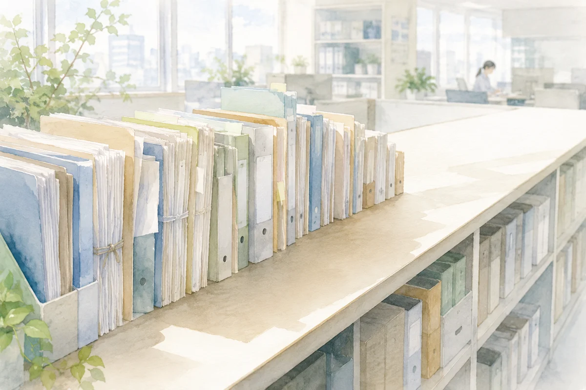 細く途切れかける書類の列が残る、明るい棚越しの奥行きあるオフィス空間