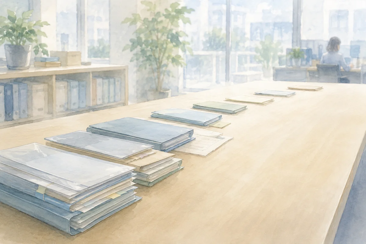 長い机に途切れながら並ぶ書類束が、成果の見えにくさを残す奥行きある明るいオフィス空間