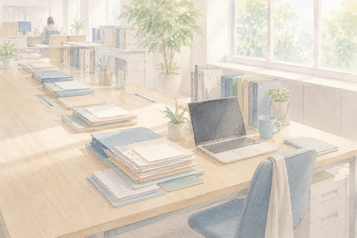 明るい共有デスクで、一つの席へ書類が集まり頼まれごとの重なりが奥へ続く様子