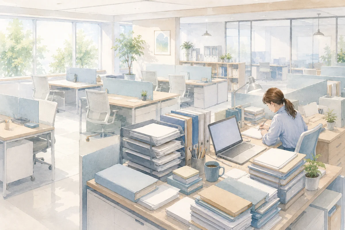 明るいオフィスで一つの席だけ書類が重なり、静かに作業する社員の負担感を描いたイラスト