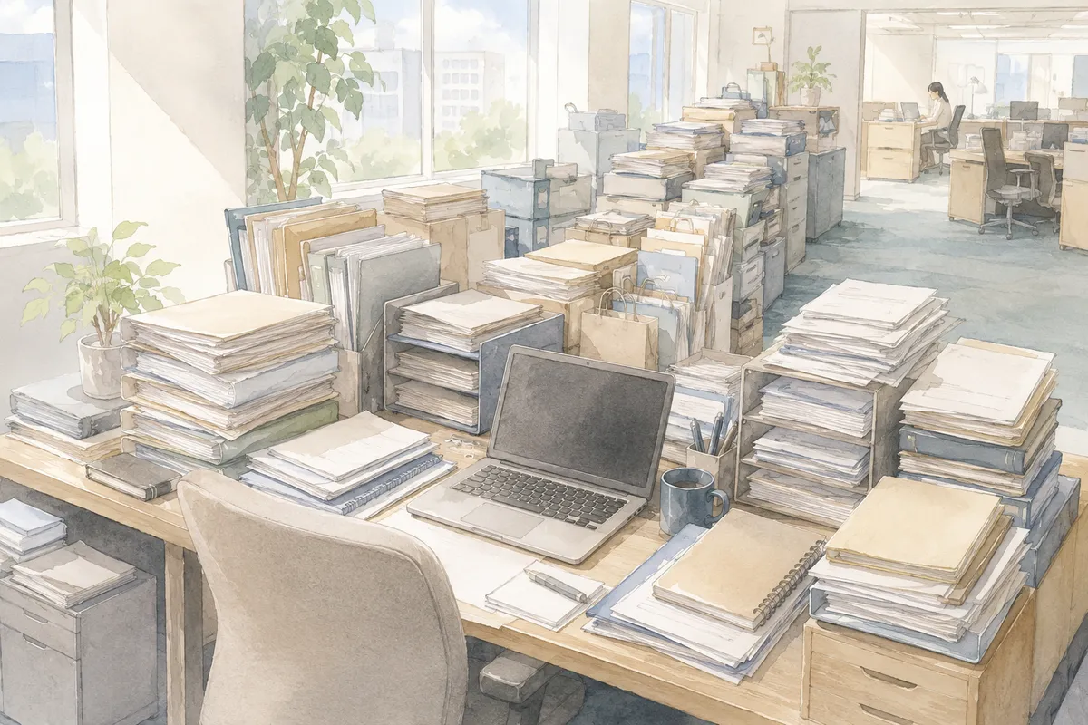 書類の山が一つの席へ集まる奥行きあるオフィスで、仕事の偏りがにじむ様子