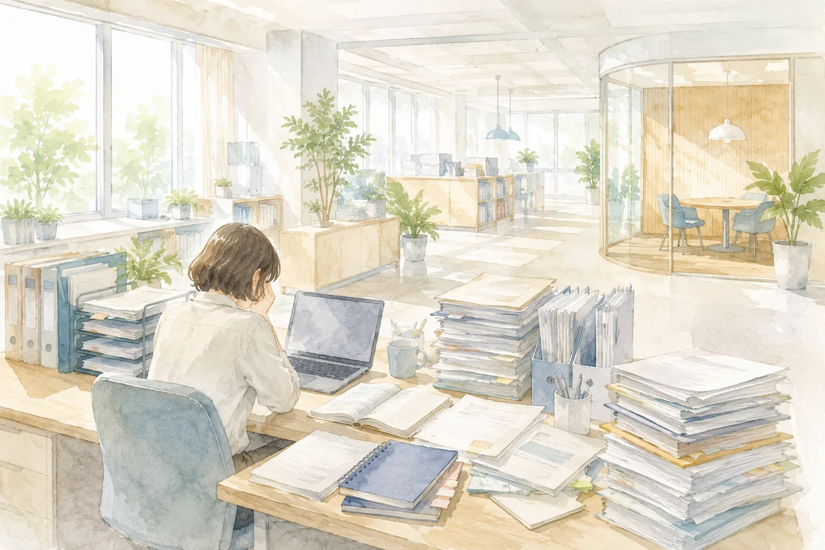 明るいオフィスで書類が積まれた席と、遠くの相談スペースの距離感を描いたイラスト