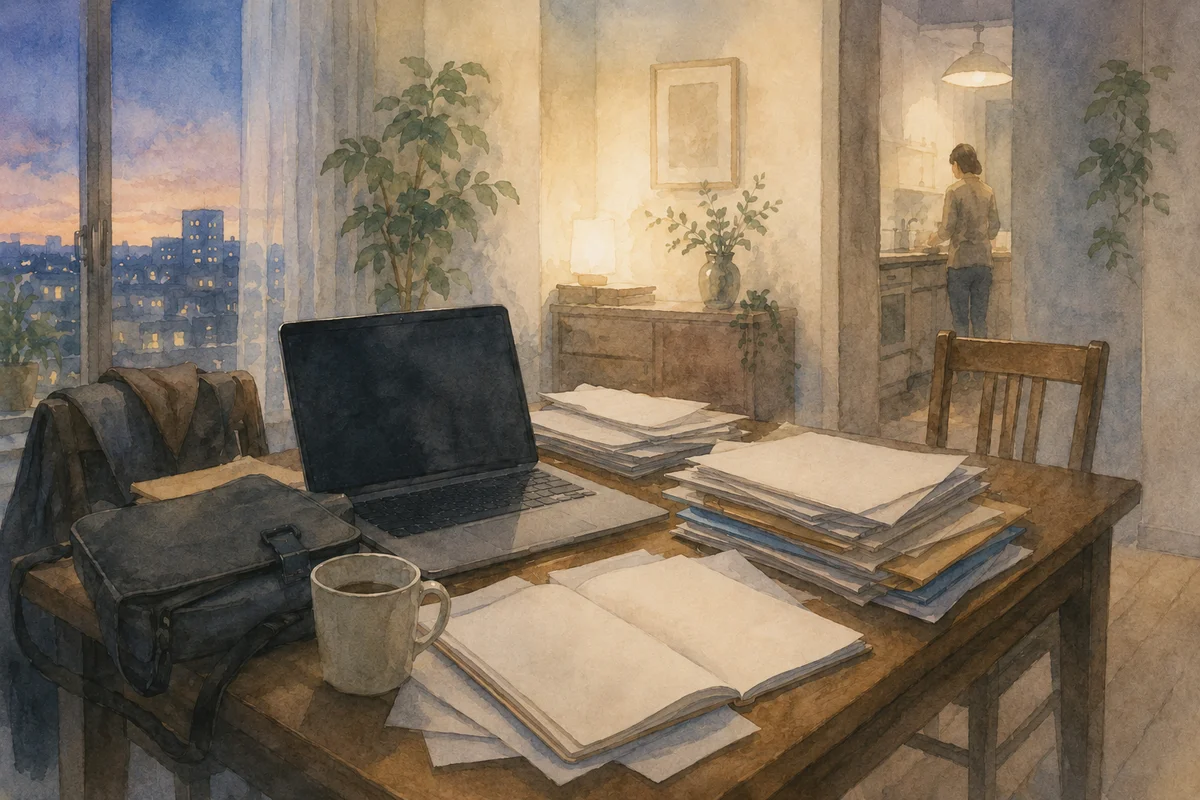 仕事の書類が積まれた食卓と、奥に小さな人影が見える夕暮れの住まいの一室