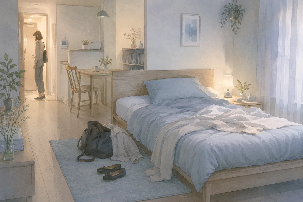 帰宅直後の小さな部屋で、乱れたベッドと仕事鞄が眠るだけの日々の重なりを静かに示す