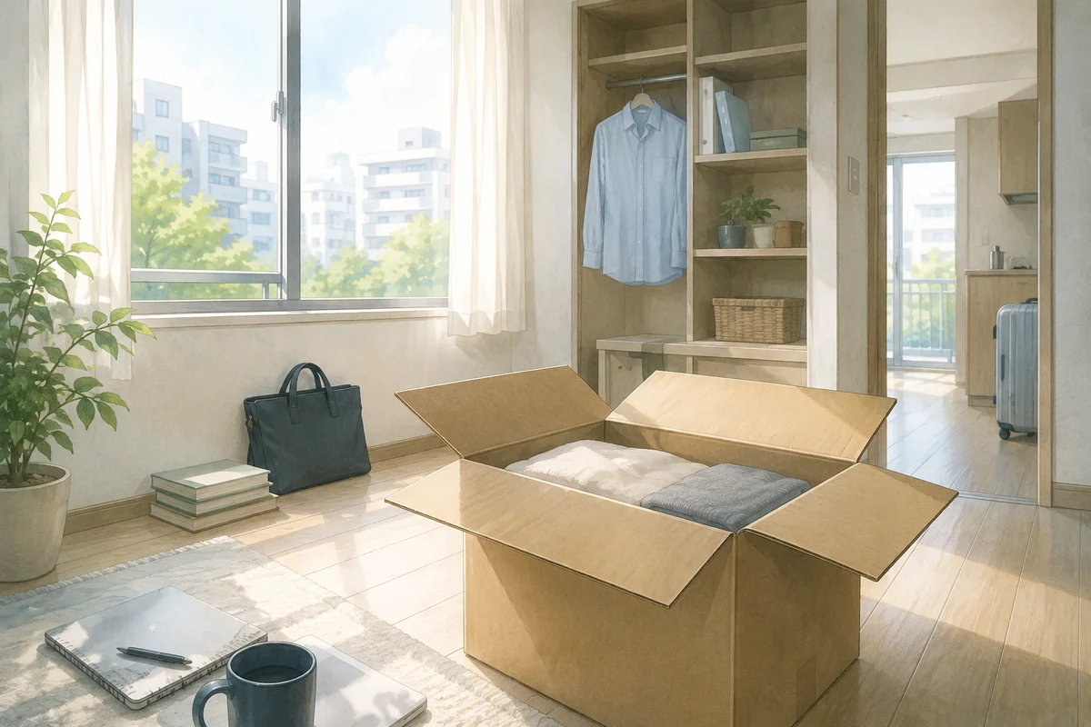 引っ越し準備の箱と残された仕事着が、退職前の揺れを静かに映す明るい室内