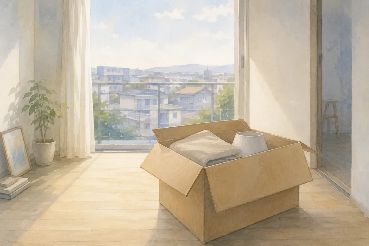 明るい部屋に置かれた荷ほどき前の段ボールと、窓の外に広がる遠い街並み