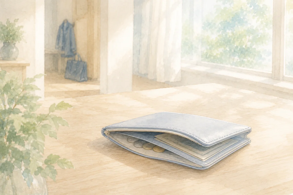 明るい窓辺の机に置かれた薄い財布と小銭が、退職を迷う家計の厳しさを静かに映す