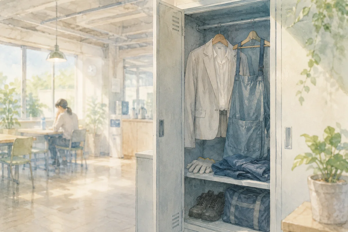 開いたロッカーの中で事務服と作業着が並び、奥で女性が座る、求人内容とのずれがにじむ職場空間