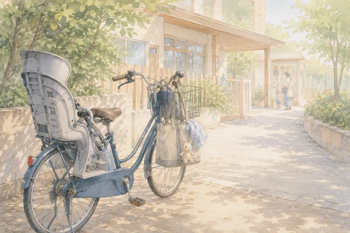 保育園前に止まる子乗せ自転車を手前に、送迎の気配が奥へ続く朝のやわらかな通路風景