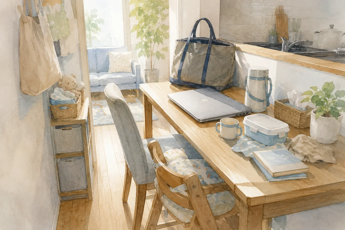 仕事道具と子どもの用品が並ぶ食卓兼作業台が奥へ続く、時短でも余裕のない暮らしの情景