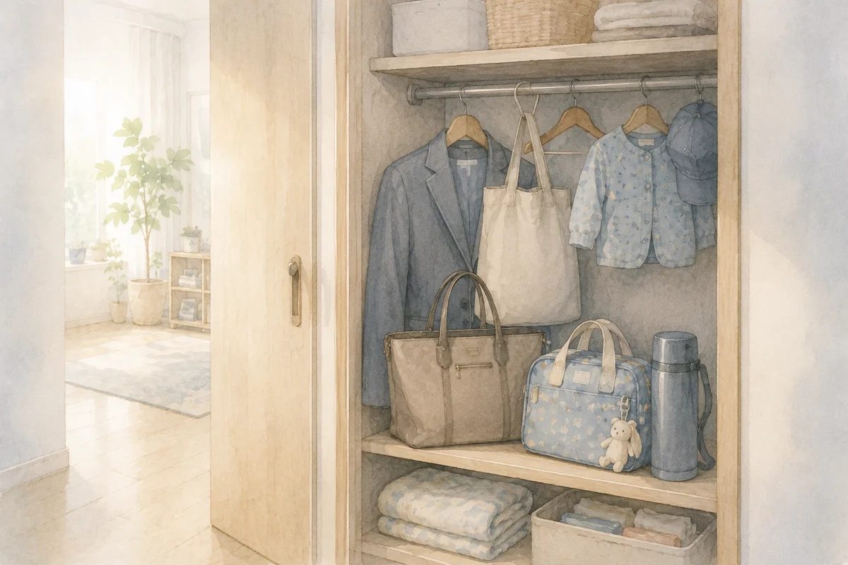 仕事用ジャケットと子ども用品が並ぶ収納棚の先に明るい部屋が続く、復帰後の揺れを映す情景