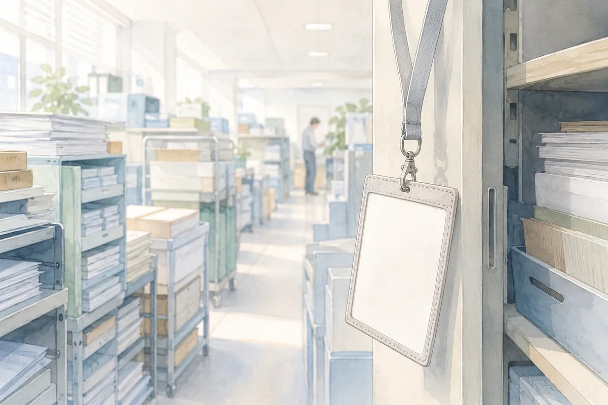 書類が積まれた繁忙期の職場で、空の社員証が手前に揺れる奥行きある通路