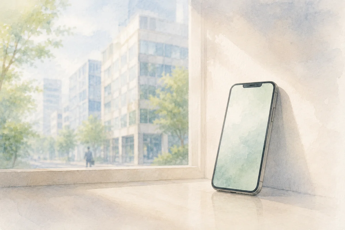 窓辺のスマートフォンと遠い職場風景が、退職LINE前の慎重な距離感を示す場面
