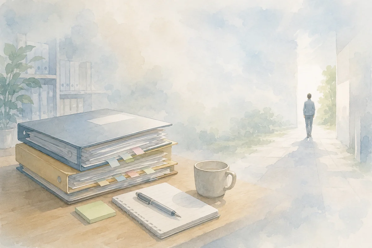 引き継ぎ書類が重なる机の奥で、小さな人物が明るい出口へ向かう淡い水彩の空間