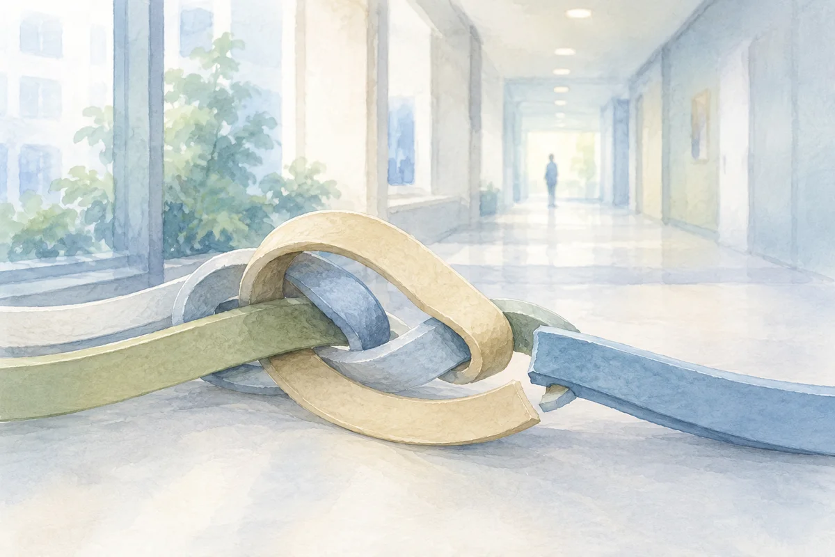 廊下の手前で絡み合い少しほどけた帯と、奥に小さく立つ人が関係整理を思わせる静かな空間