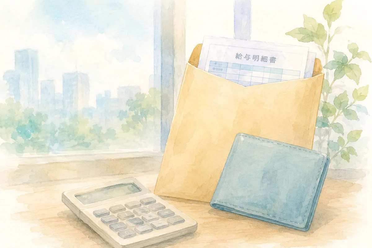 給与書類が入った封筒と財布が、明るい窓辺で退職後の給料確認を思わせる。