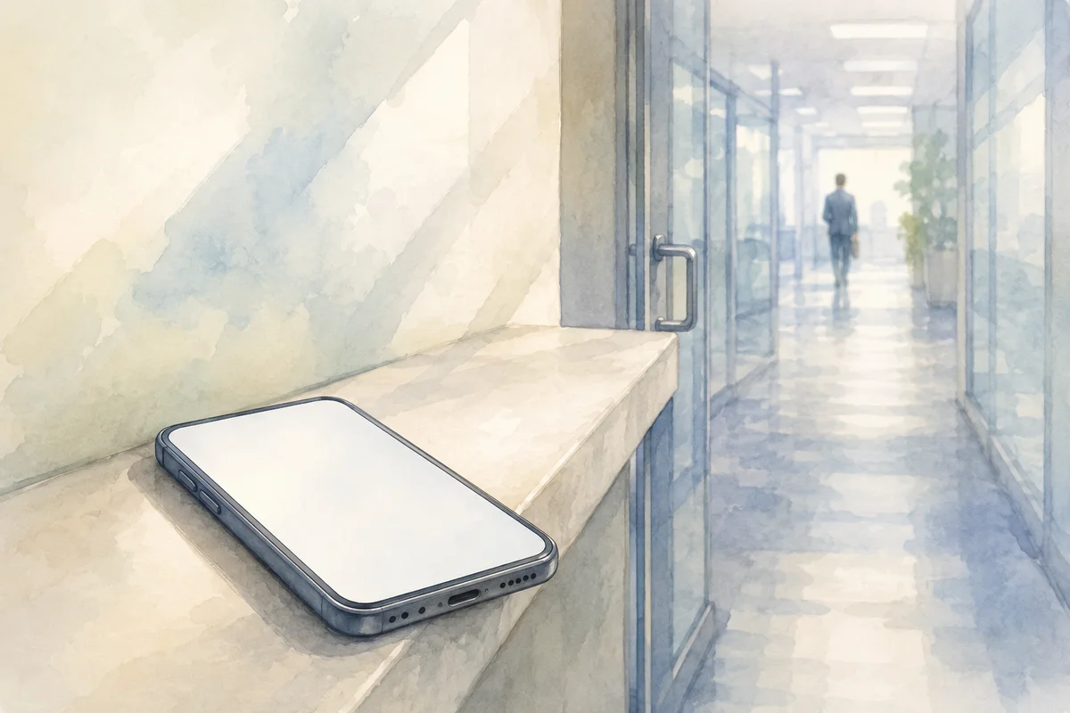 スマートフォンが置かれた棚の奥に、静かな廊下と小さな人物が続く淡い水彩の空間