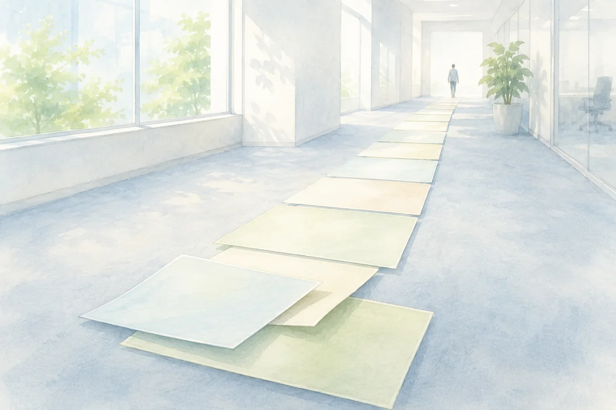 廊下に重なって続く淡い書類の道と、奥へ向かう小さな人が有給整理の確認を思わせる静かな情景
