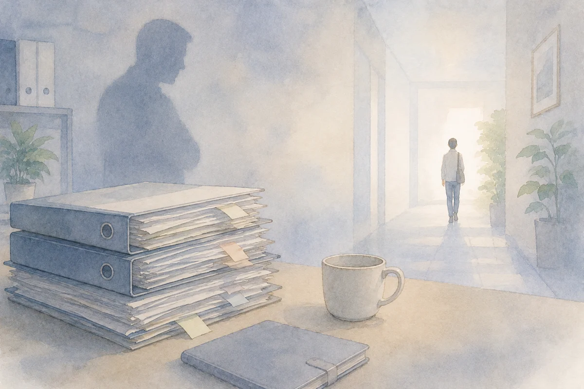書類の重なりと壁に差す大きな影の先へ、小さな人物が進む淡い水彩のオフィス空間