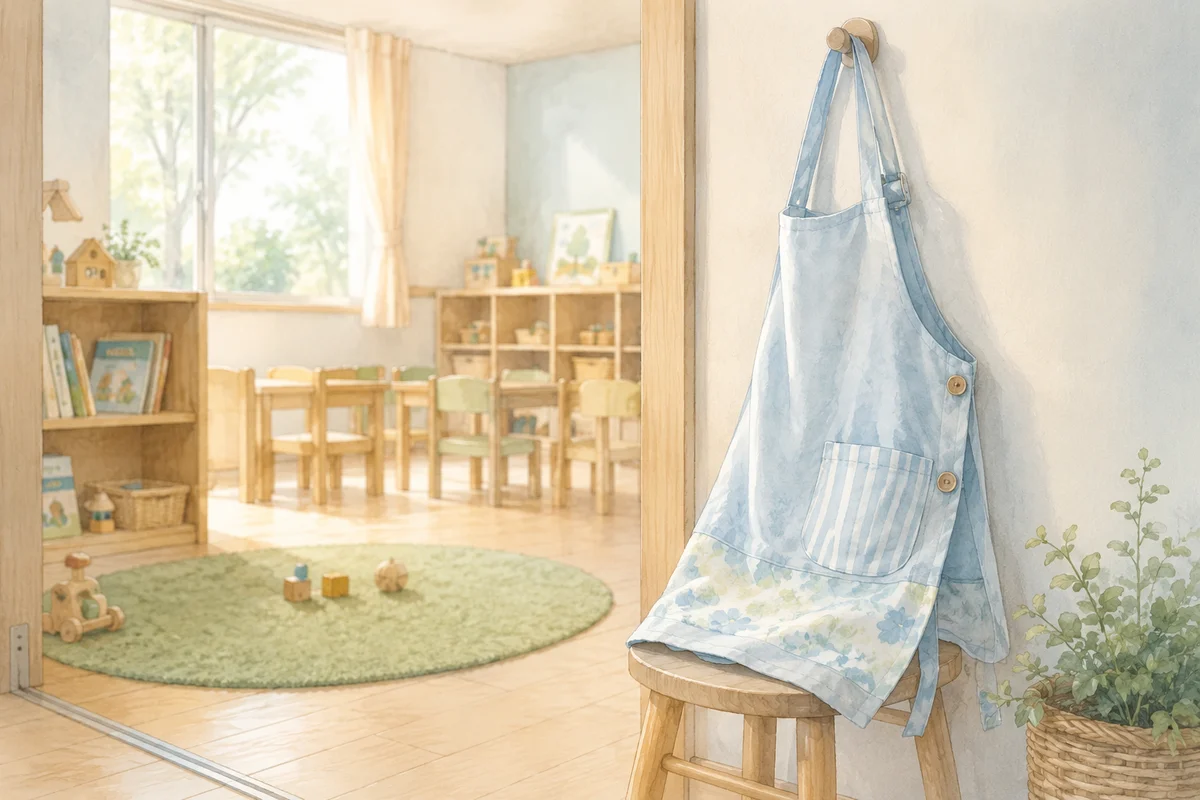保育室の入口で青いエプロンが静かに掛かり、奥に子ども用の机と椅子が並ぶ柔らかな空間