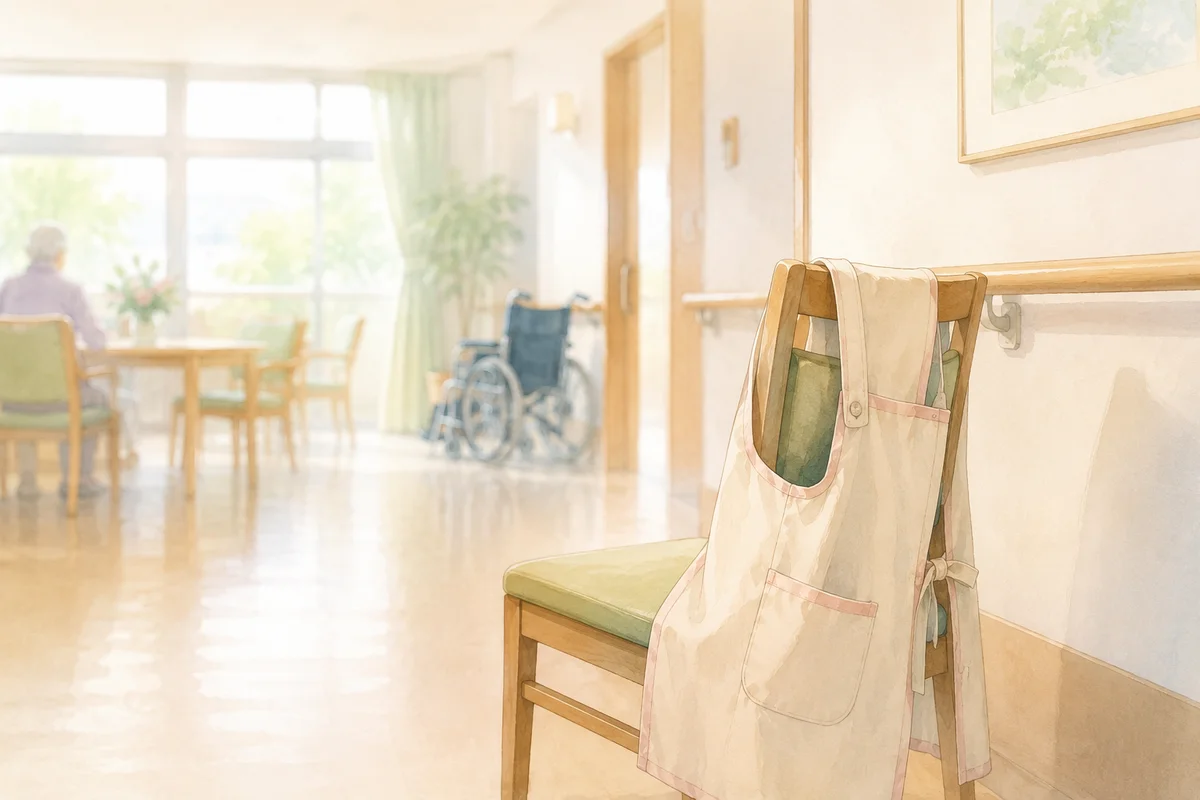 介護用エプロンが掛かった椅子の先に、入居者席と車椅子が見える明るい施設の奥行きある空間