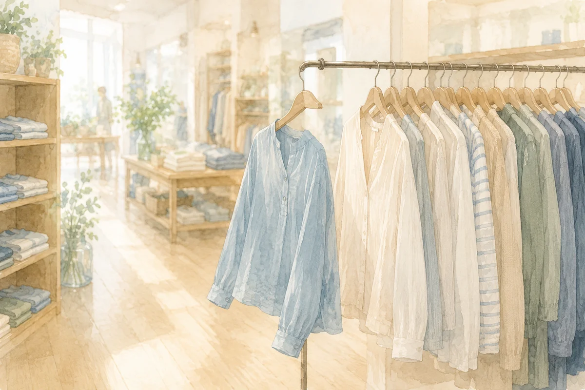 静かな服売り場で青いシャツが一枚前に掛かり、奥へ売り場が続く整理途中の空間