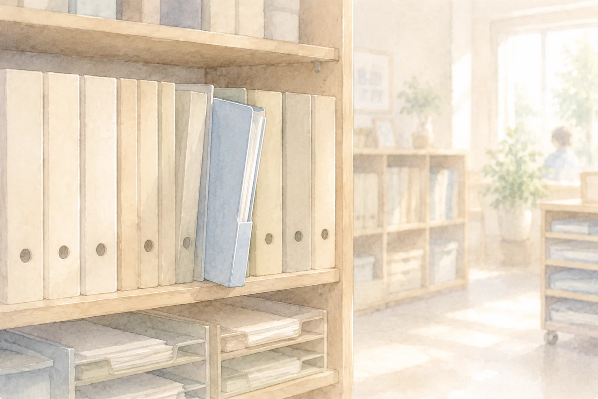 整然と並ぶ書類棚の中で青いファイルが少し前に出て、奥に明るい事務空間が広がる様子
