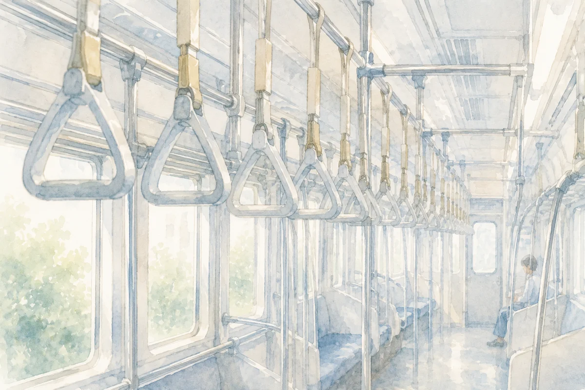 淡い電車内でつり革が奥へ密に並び、満員通勤の圧迫感と判断前の迷いを表す