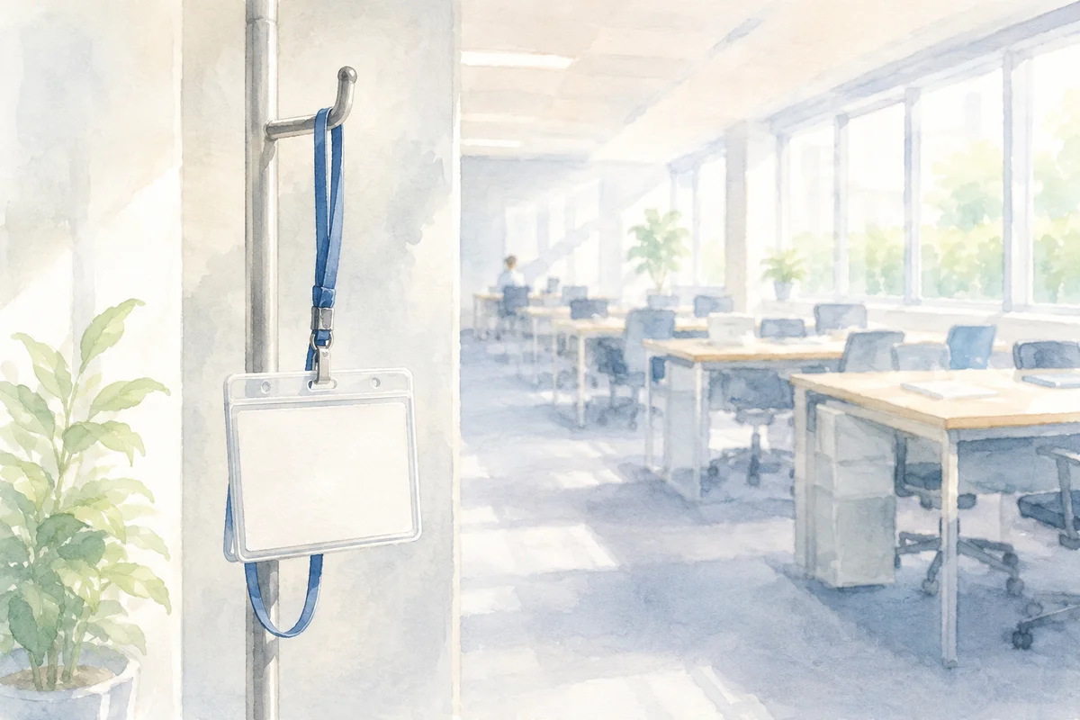 入口近くに掛かる空の社員証と奥へ続く職場が、新卒正社員としての迷いを映す